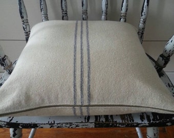Pillow Cover/Cream Grain Sack Fabric/Blue Stripe/Zipper Closure