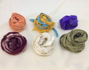 Recycled Sari Silk Ribbon India Destash Sample Upcycled Orange Yellow Turquoise Purple Maroon Pink White Sage Yarn Segments Craft Supplies
