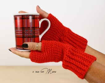 Red Hand knitted wool gloves, fingerless gloves gift for her, warmers, hand
