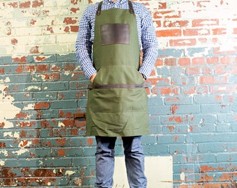 Green Canvas Apron, Leather and Non Waxed Canvas Apron, Custom Men's Apron with Custom Engraving Navy Apron Olive Apron Grill Apron Khaki