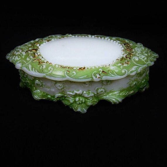 Victorian Milk Glass Oval Dresser Pin Box / 1800s Antique Vanity / Art Nouveau