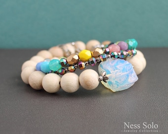 Boho bracelet set Raw moonstone jewelry Stackable bracelets Boho jewelry Boho beaded bracelet Bohemian jewelry Stacking bracelets Boho chic