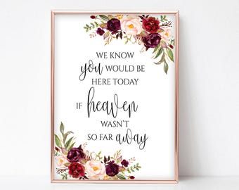 We Know you Would be Here Today if Heaven wasn't so Far Away Printable Memorial Table Sign Remembrance Poster Instant Download 4x6,5x7,8x10