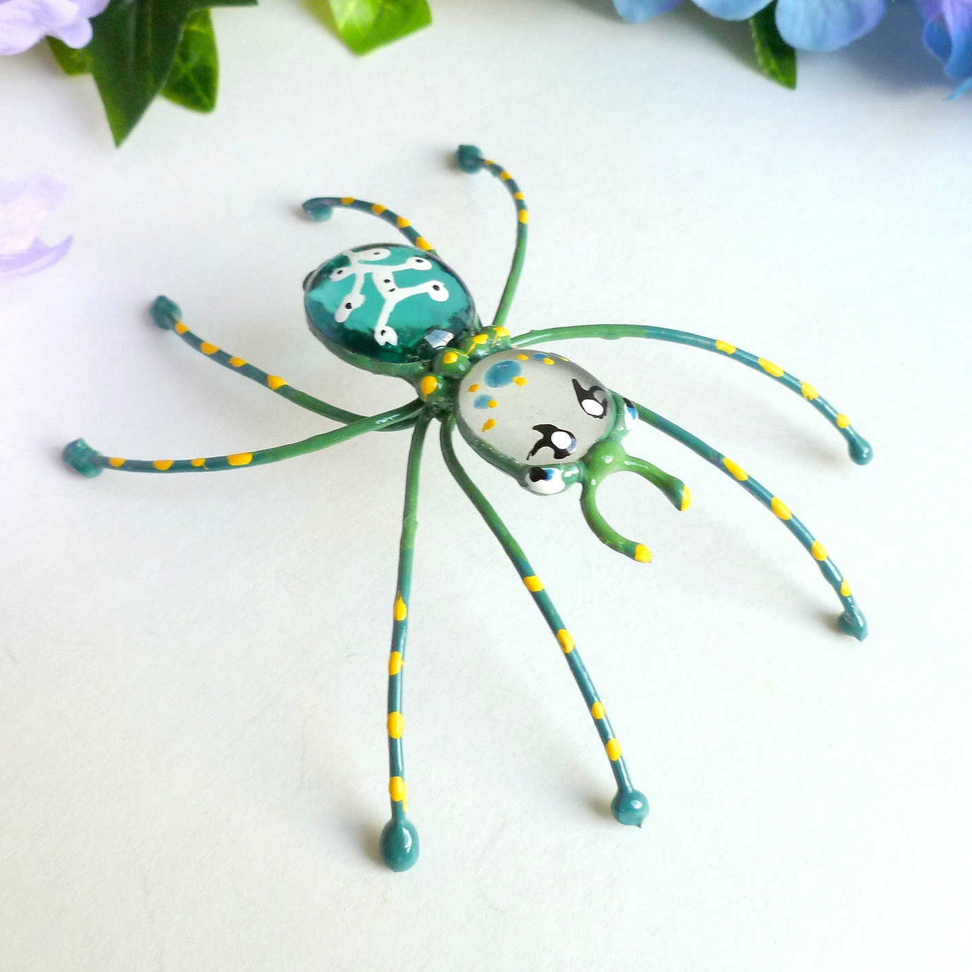 Large 4 Inch Green Metal Spider Wire Art Gift for Nature