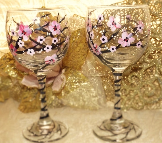 Items similar to hand painted cherry blossom Wine glasses!13 oz. on Etsy