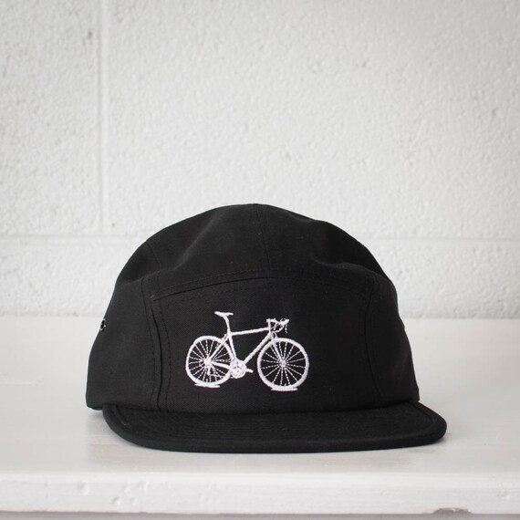 WHITE BICYCLE EMBROIDERED on Black 5 Panel Cap