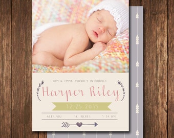 Modern baby girl birth announcement. custom photo card. introducing