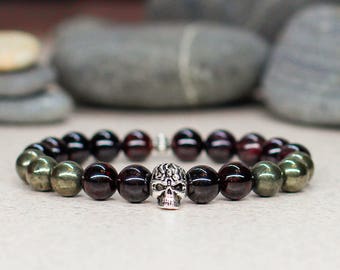 Birthday gift for men bracelet Skull bracelet Skull jewelry Garnet bracelet Pyrite bracelet Punk jewelry Gothic jewelry Gemstone bracelet