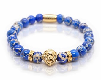 Lion Bracelet blue Sediment Jasper Beads, Gold Lion