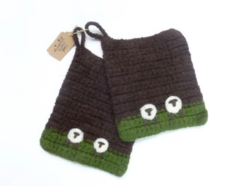 Pot holders felted wool pot holders sheep design set of two