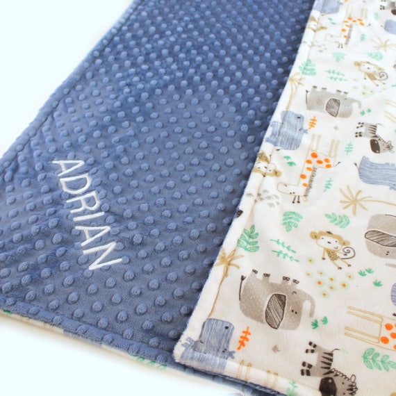 Personalized Blanket, Baby Boy Minky Baby Blanket, Baby Gift, Blue Gray Jungle Animal Blanket, Custom Baby Blanket, Receiving Blanket
