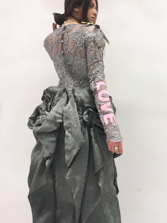 Haute Couture Hand Dyed LOLA DARLING Long Dress Lace Polka Dots Organza LOVE Pink Print Dragonfly Brooch Limited Edition from Vintage