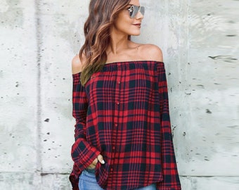 Women's Plaid Top Off Shoulder Long Sleeve T-Shirt