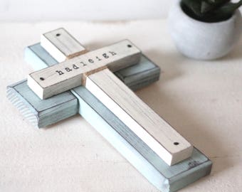 WOOD WALL CROSS, 11" x 7", Baptism Gift for girl, Baptism gift for boy, new baby, Personalized Baptismal cross, Christening, First Communion