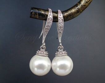 Pearl Earrings Wedding Jewelry Bridal Pearl Earrings Swarovski Pearls Cubic Zirconia Simple Dangle Classic Earrings Bridesmaid Gifts K041