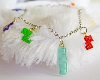 Tetris Inspired Charm Bracelet | Polymer Clay Bracelet | Kawaii Jewelry | Video Game Jewelry, Rainbow Jewelry, Nerdy Jewelry, Geeky Gifts