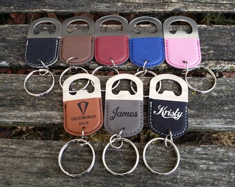 Customized Bottle Opener, Leather Keychain. Laser Engraved. Wedding, Groomsmen Gift, Dad, Anniversary. Groom, Birthday, Christmas, Stepdad
