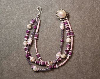 SALE Triple strand bracelet with amethyst, agate and lepidolite, and pearl on sterling silver