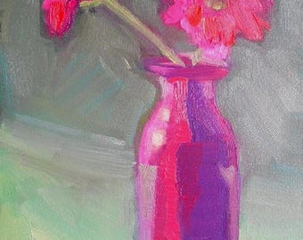 Pink Flower Painting, Floral Still Life, Small oil painting, 6x8" Oil On Panel, Free Shipping in US
