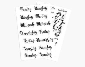 Sticker Set Wochentage Kalligrafie. Aufkleber für zwei Wochen (14 Tage) Lettering in deinem Bullet Journal