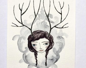 SALE Girl with anlers, fantastical, mounted head, Small original painting