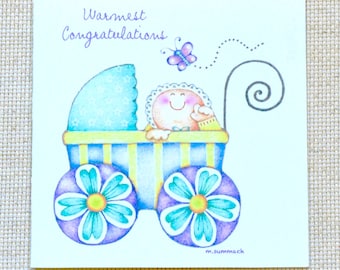 Cute Baby Welcome Card, Baby Shower Card, Baby in Stroller Card, Cute Baby Card, Baby Congratulations Card, New Baby Congratulations card