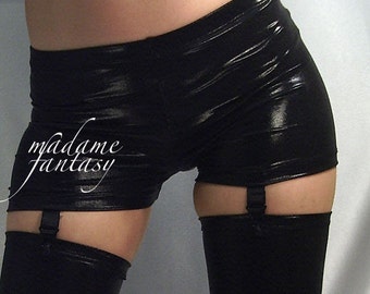 Shiny Wet look Black suspender shorts hot pants