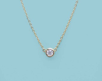 24K GOLD pt Single CZ Diamond Bezel Dainty Necklace ~ Simple / Minimal Jewelry
