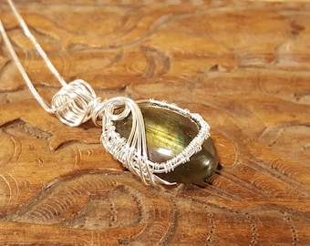 Labradorite Cabochon Sterling Silver Wire Wrapped Pendant Necklace