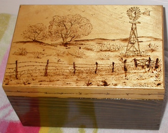 Country Scene Wood Box, Country Home Decor, Western Home Decor, Windmills, Wooden Boxes