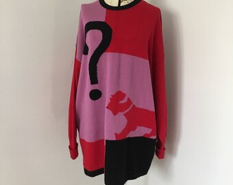 Retro Wool Sweater Italian Avant-garde Scottie Dog Question Mark Slouchy Oversize Cardigan in Red Violet Black New Wave