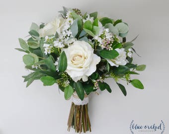 wedding flowers, wedding bouquet, eucalyptus bouquet, silk bouquet, bridal bouquet, rustic bouquet, boho bouquet, ivory, white, green