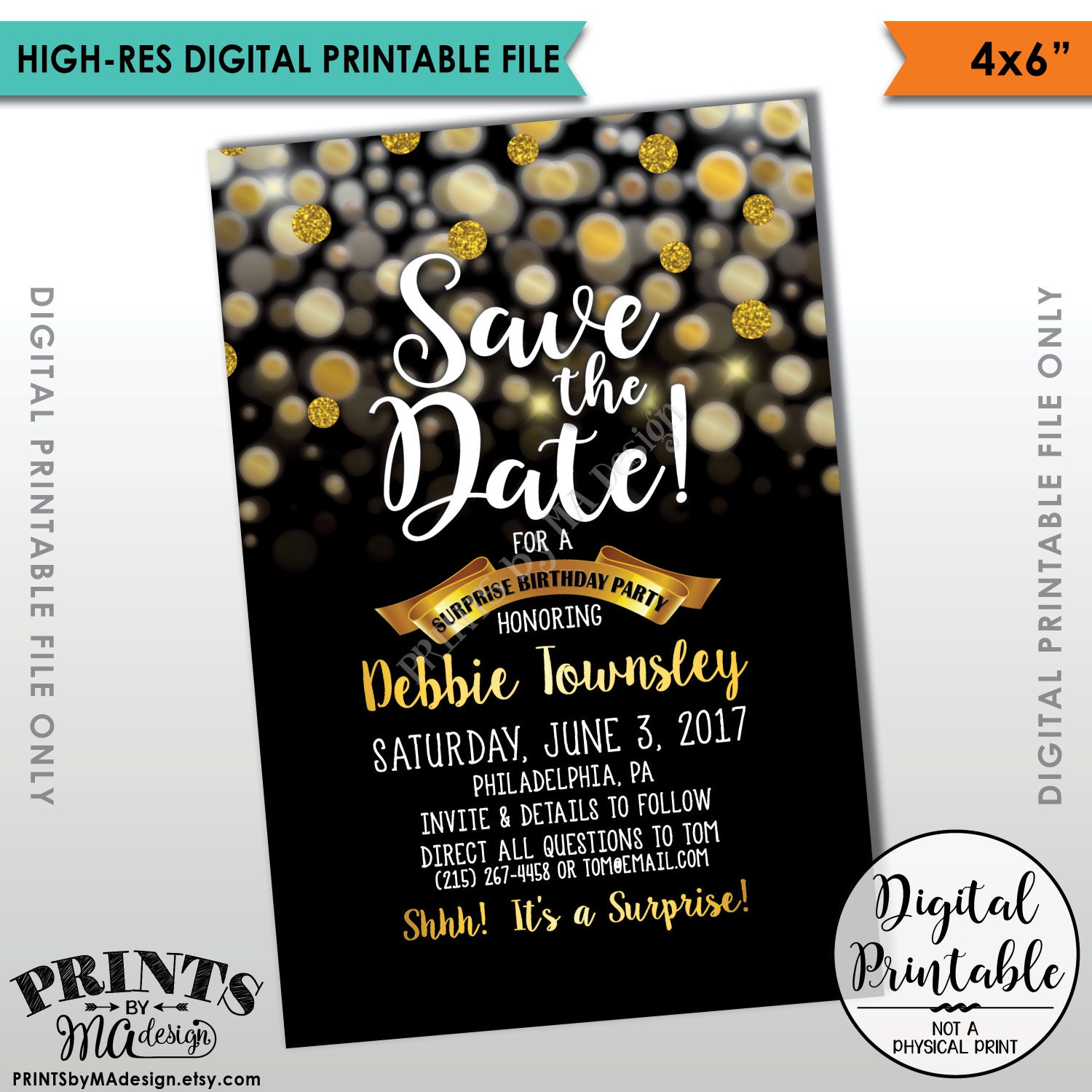 Save The Date For A Surprise Birthday Party Black Gold save-the-date-for-a-surprise-birthday-party-black-gold