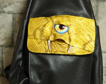 Leather Backpack Purse With Face Monster Goth Black 381