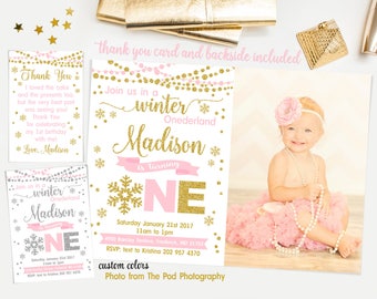 Winter onederland invitation girl, Pink and gold first birthday invitation, winter first birthday invitation, thank you card and backside