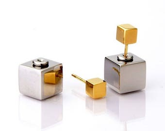 Double Sided Earring Double Sided Earrings Double Ball Earrings Gold Double Sided Earrings Silver Double Sided Earrings Square Stud Earrings