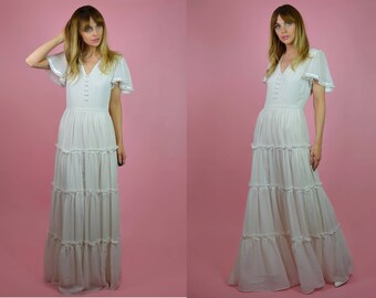 Vintage 1970s Tiered Bohemian WEDDING Dress