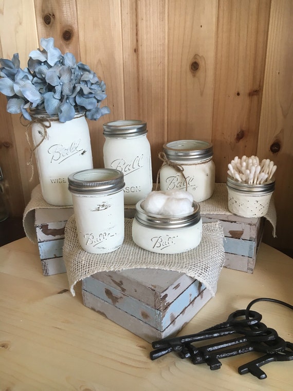 6 Piece Distressed Mason Jar Bathroom Set Unique and Rustic