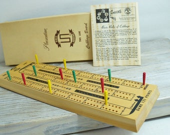 Pleasantime Cribbage Board - 1958 Vintage Wooden Cribbage Board, No 715 - Pacific Game Co - Culver City, Calif - Original Box - Instructions