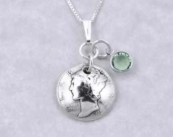 80th Birthday Gift - 1938 Silver Mercury Dime Coin Birthstone Pendant Necklace Jewelry - Birthday Gift for Mother Birthday Gift for Grandma