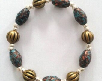 Speckled Blue and Muted Gold Bracelet