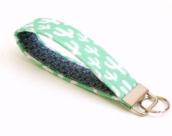 Mint Green Cactus Keychain - Key Fob - 5 Inch Key Ring Wristlet - Loop Keyring - Cute Key Strap - Short Wrist Lanyard - Navy, Green, White