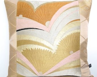 Luxury Decorative Pillow Cushion in Metallic Art Deco Fan and diamond geometric design woven from Japanese Obi Silks in Pink Gold & Silver