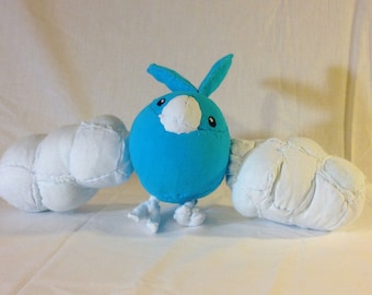 Swablu – 9 inches (including headfeather; 5 in from feet to head) – Made from recycled clothing.