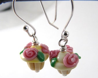 Pair of Adorable Mini Rose Topped Cupcake Earrings