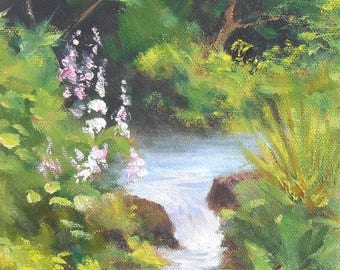 Creek Flowers, 6x6 Original Oil Daily Painting, FREE SHIPPING in US