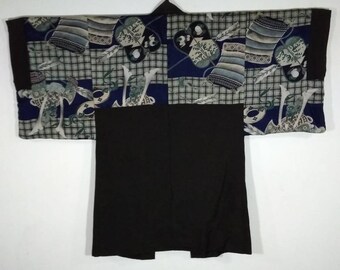 H308 Vintage Japanese Men's Brown Kimono Jacket Haori | Floral Kimono Haori | Kimono Cardigan | Short Kimono Robe | Short Sleeve