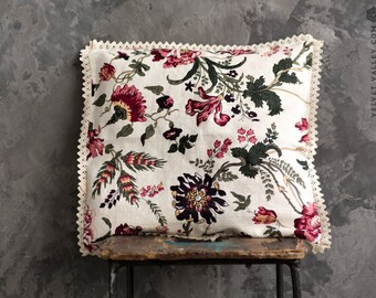 Linen floral pillow with lace- Softened linen antique white boudoir lumbar cushion- decorative trimmed pillow