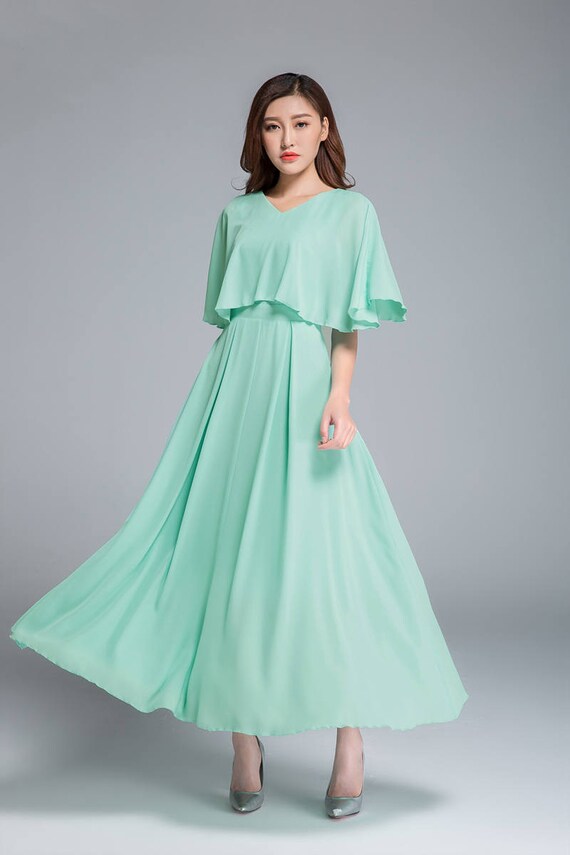 green chiffon dress cape dress wedding dress prom dress