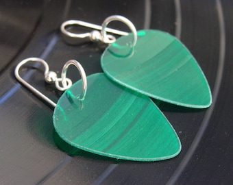 Green Vinyl Record Earrings - Handmade Guitar Picks made from Vinyl Records - Fashion Gift for Rockers, Musicians - Hit Record Earrings